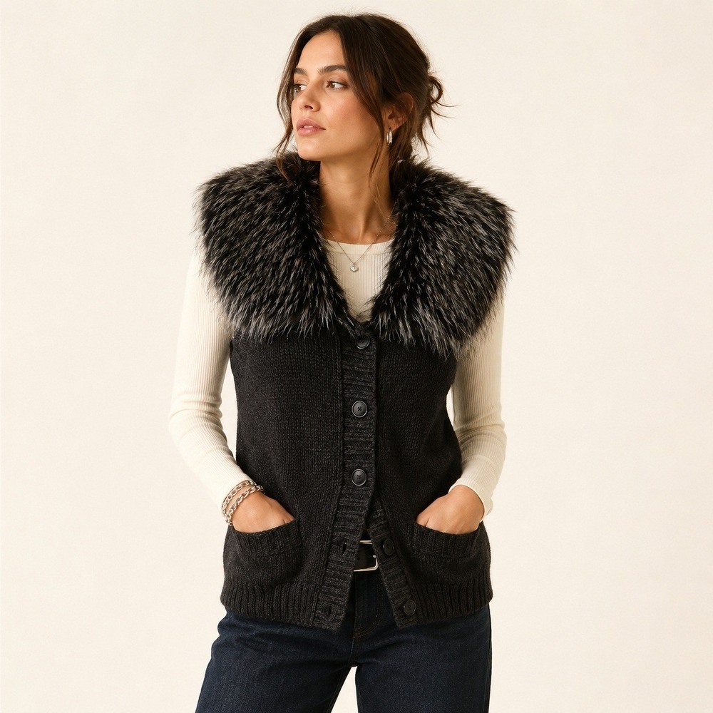 LOFT Wool Blend Faux Fur Sweater Vest Small Après Ski Mob Wife Old Money